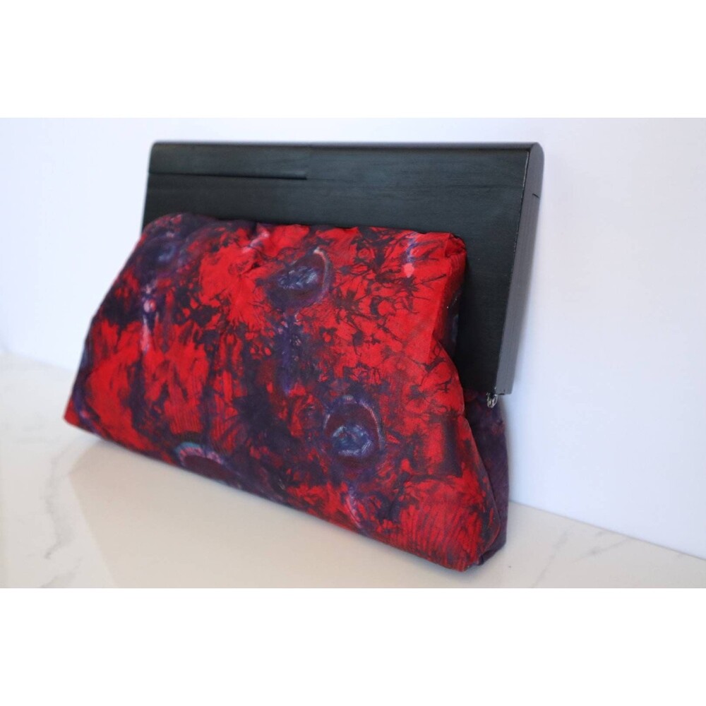 Wooden Frame Ankara Clutch, wood handle, mini clutch, red, black Adire fabric,